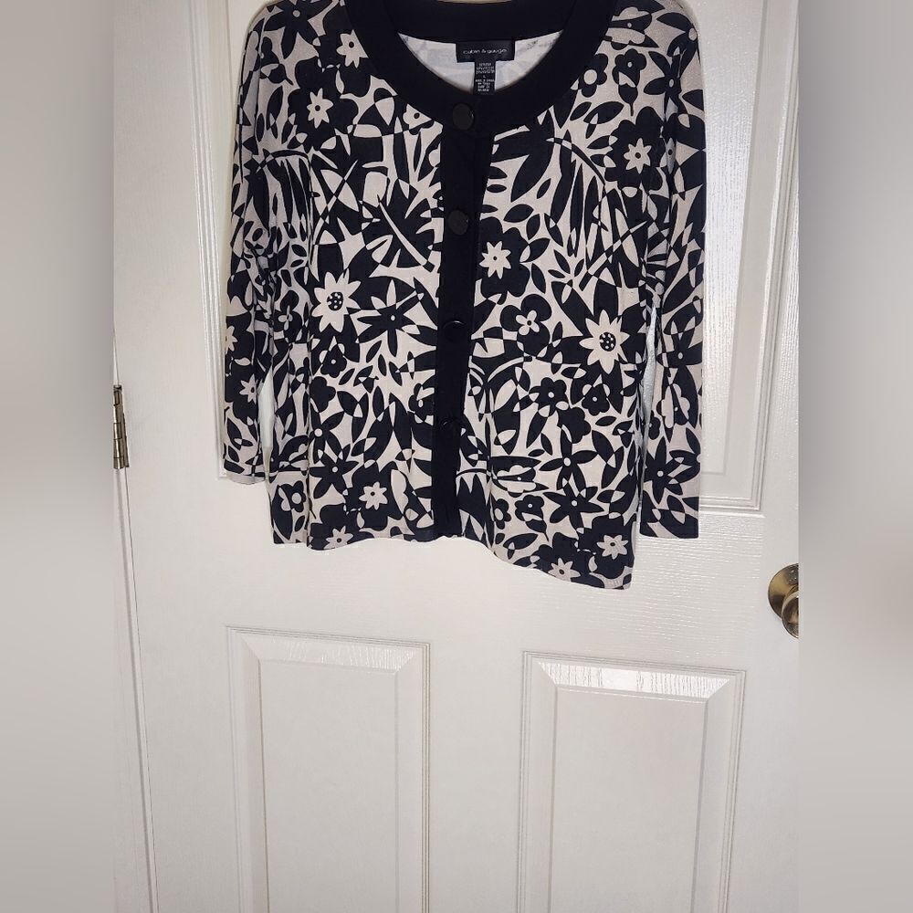 Cable&Gauge L Black Gray FloralPrint SILKBlend 3/4Sleeve ButtonUp Women Cardigan